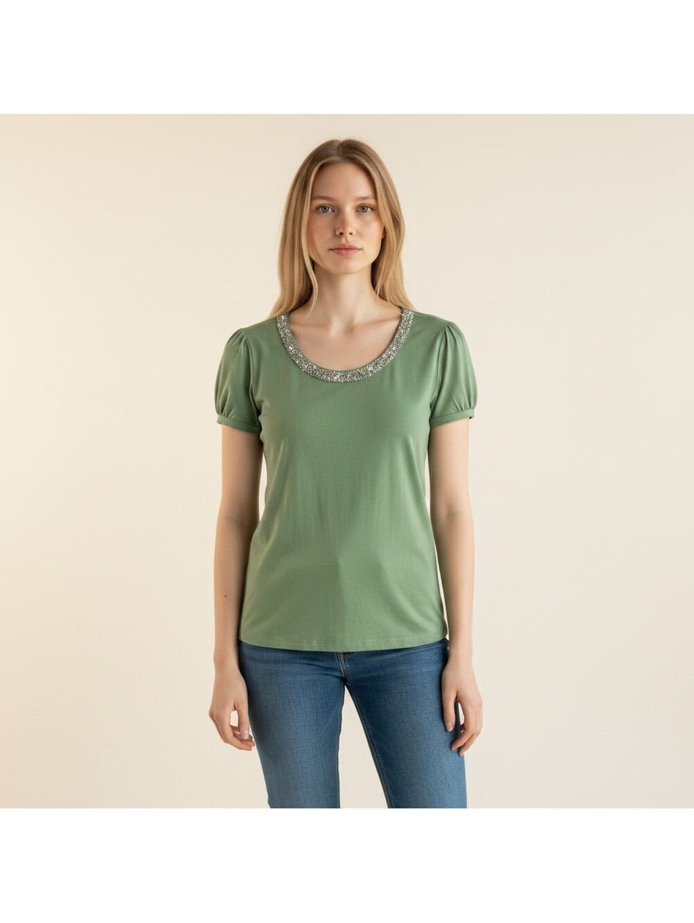 INC International Concepts T-Shirt Women L Large Green Rhinestone Short Sleeve